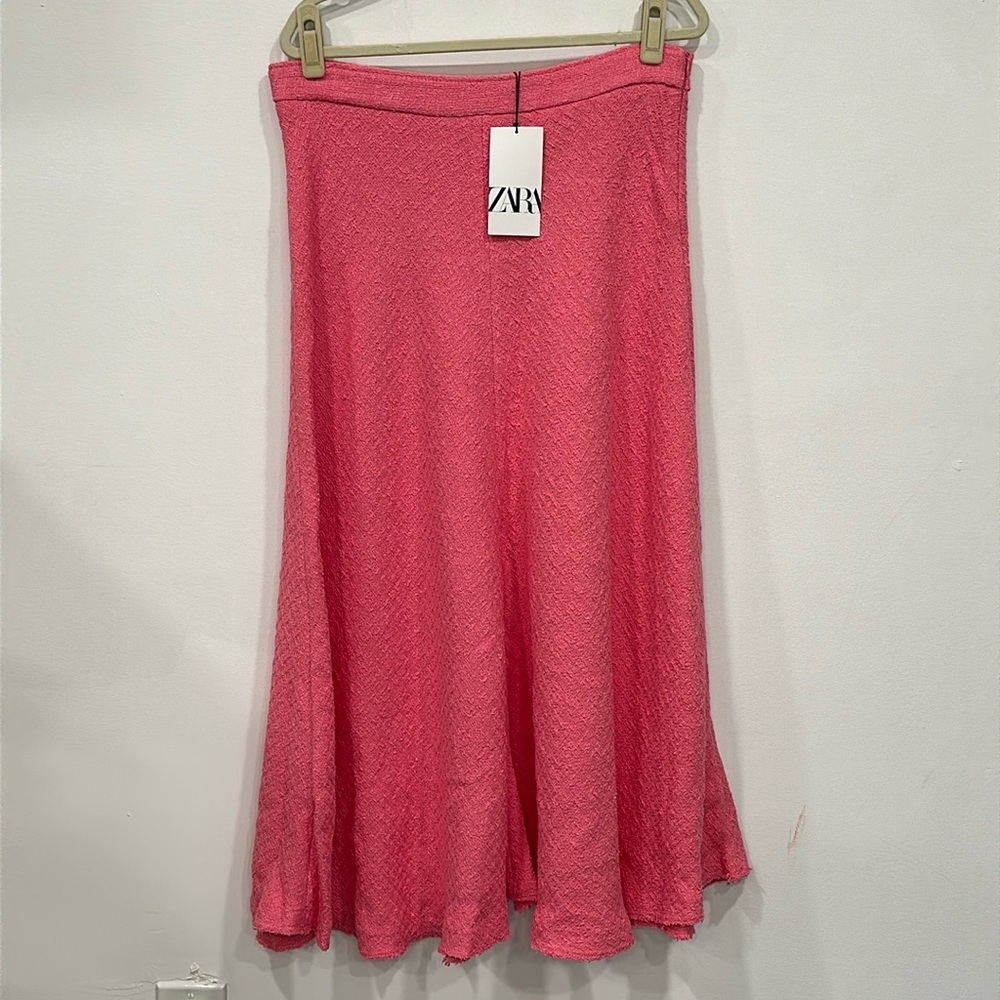 ZARA Textured Tweed A-Line Flared Raw Hem Long SKIRT Cotton Candy Pink - NEW XL